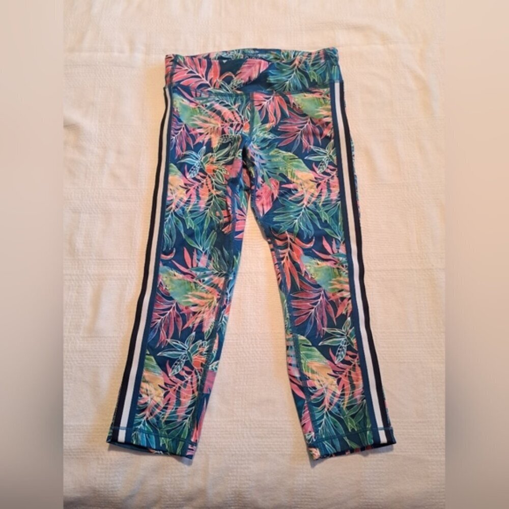 Athleta Girl girls size 12 multi colored leaf design cropped leggings, VGUC